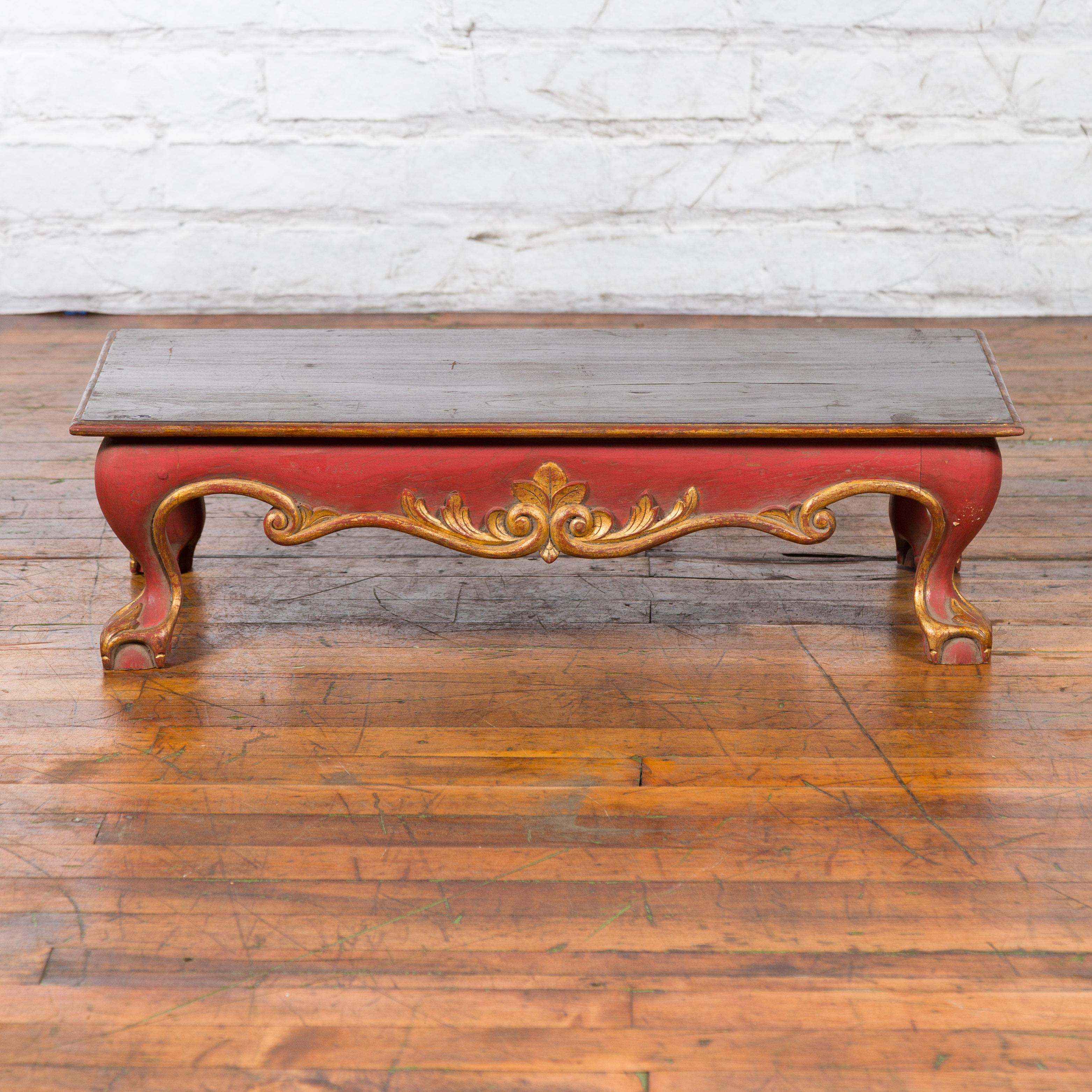 Wood Indonesian Vintage Rococo Style Red and Gold Low Table with Ball-and-claw Feet For Sale
