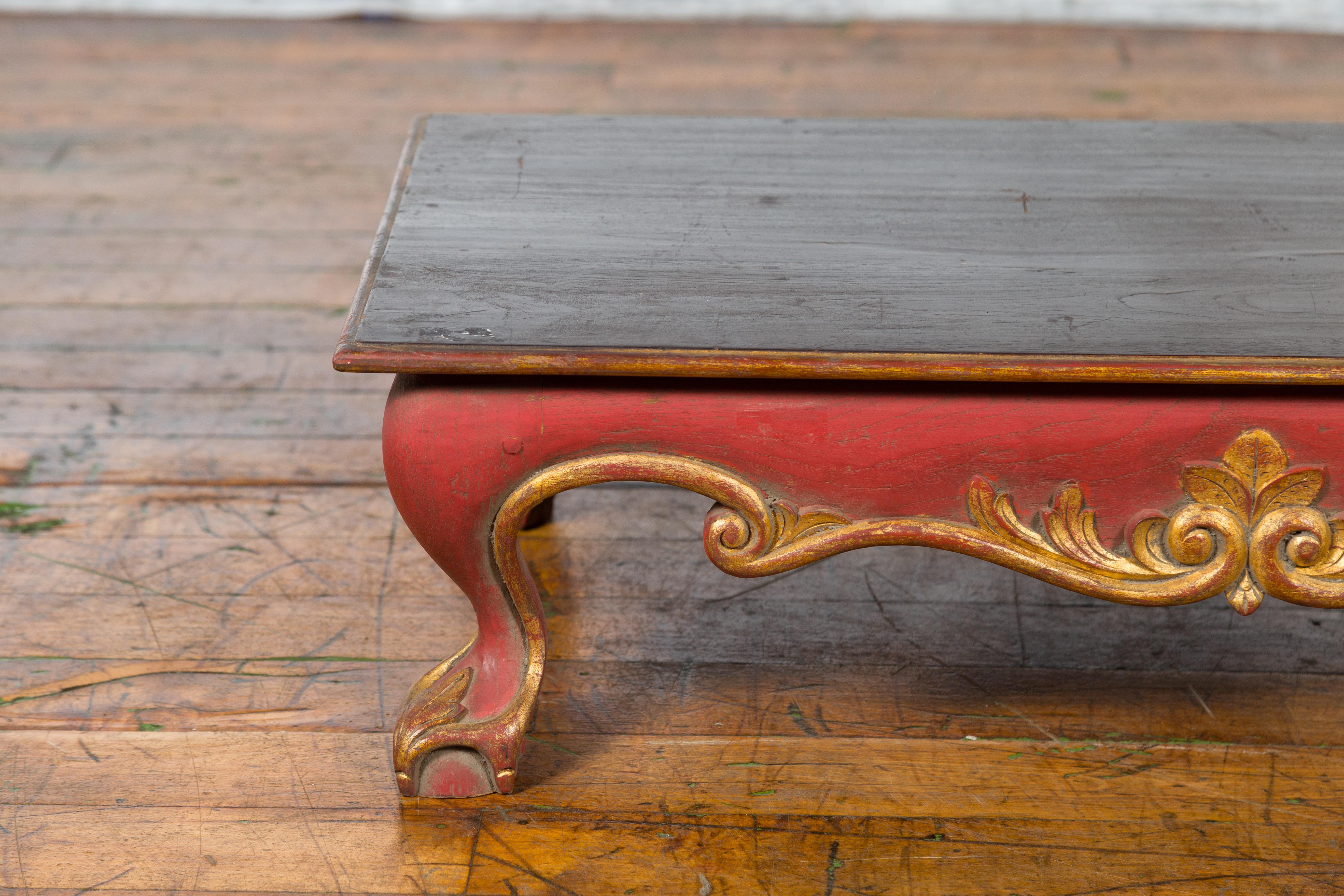 Indonesian Vintage Rococo Style Red and Gold Low Table with Ball-and-claw Feet For Sale 2