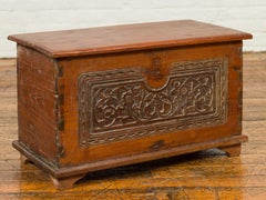 Vintage Wooden Blanket Chest with Carved Foliage and Floral Motifs