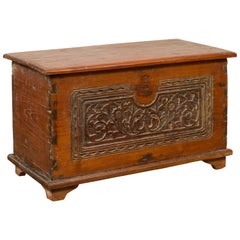 Retro Wooden Blanket Chest with Carved Foliage and Floral Motifs