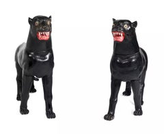 Indonésie - Grande Paire de statues Panthères Noires en bois peint