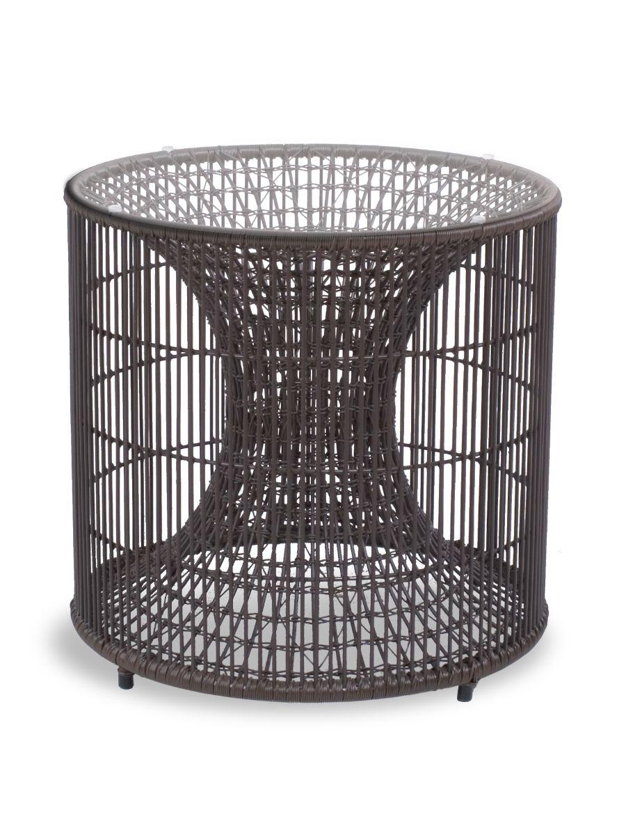 Amaya end table by Kenneth Cobonpue
Materials: Abacca. Steel. Glass.
Dimensions: Diameter 51 cm x height 49cm

Inspired by fish traps, the Amaya tables resemble a vortex enclosed within a cylinder. While the indoor version is crafted with abaca