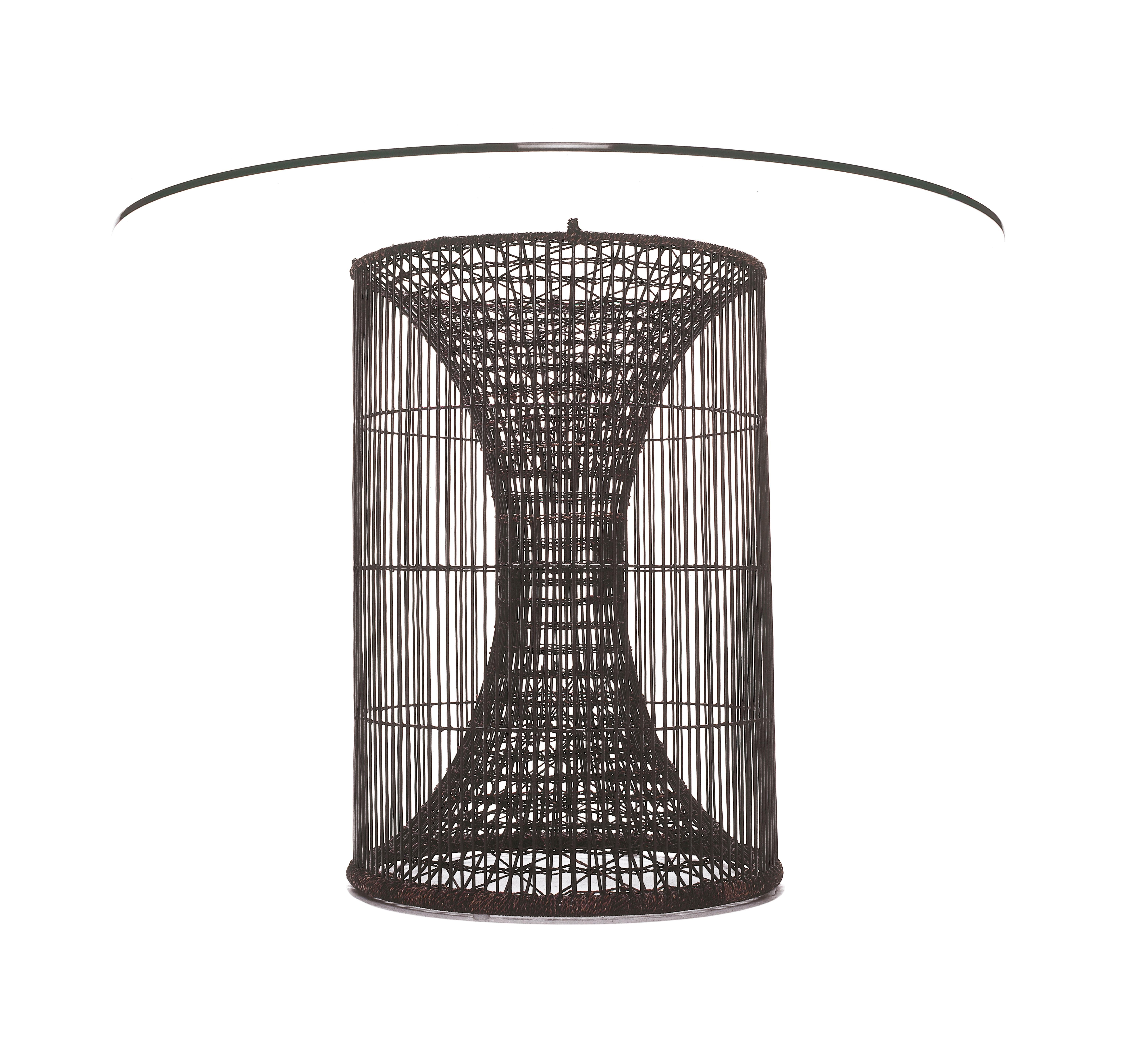Amaya large dining table by Kenneth Cobonpue.
Materials: Abacca. Steel. Glass.
Dimensions: 
Table diameter 76 cm x H 74 cm
Glass diameter 137cm x H 1cm.

Inspired by fish traps, the Amaya tables resemble a vortex enclosed within a cylinder.