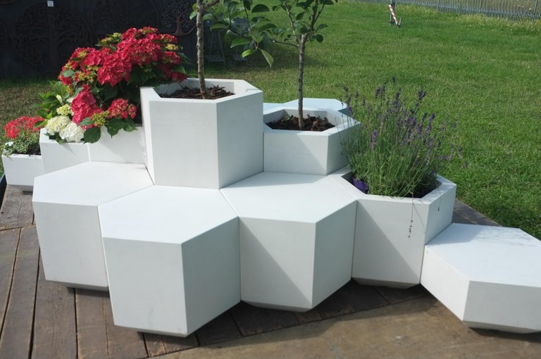 Cast Indoor and Outdoor Concrete Hex-Block Planter, 58cm tall For Sale