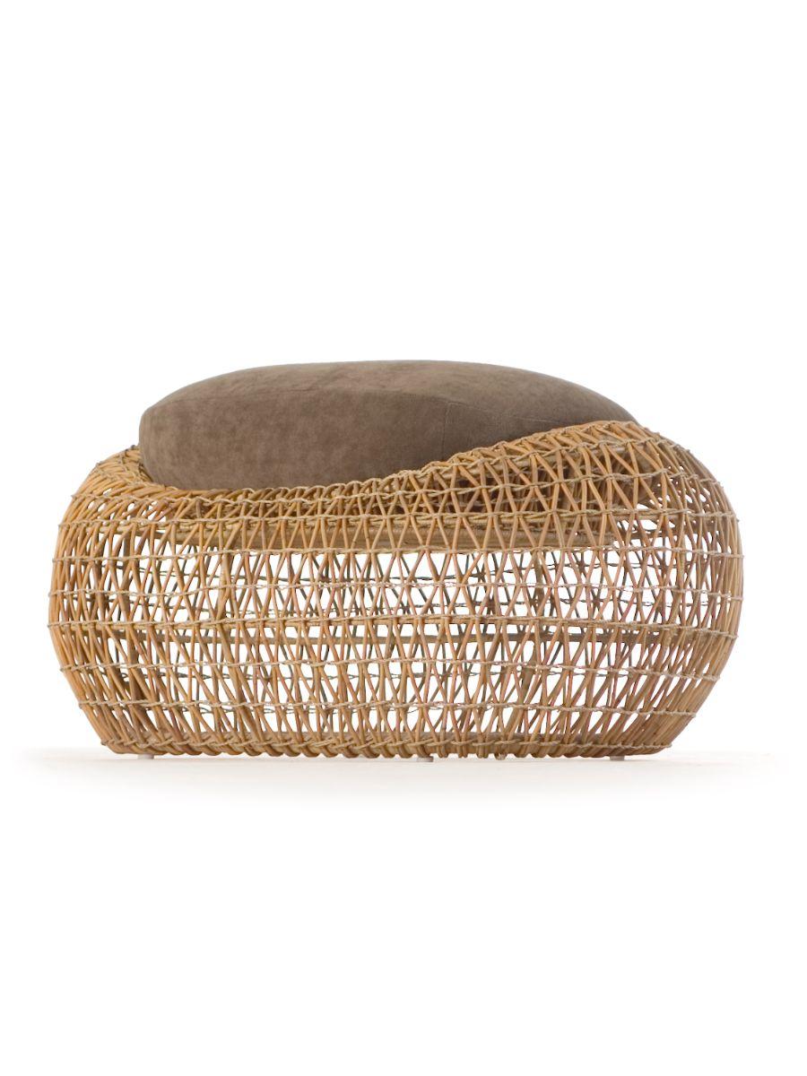 Balou ottoman by Kenneth Cobonpue.
Materials: Abacca, rattan, Nylon. Steel.
Dimensions: 60 x 89 x H 42cm.

Named after the bear from The Jungle Book, Balou exudes comfort at first glance with its light and breezy look. The collection's soft