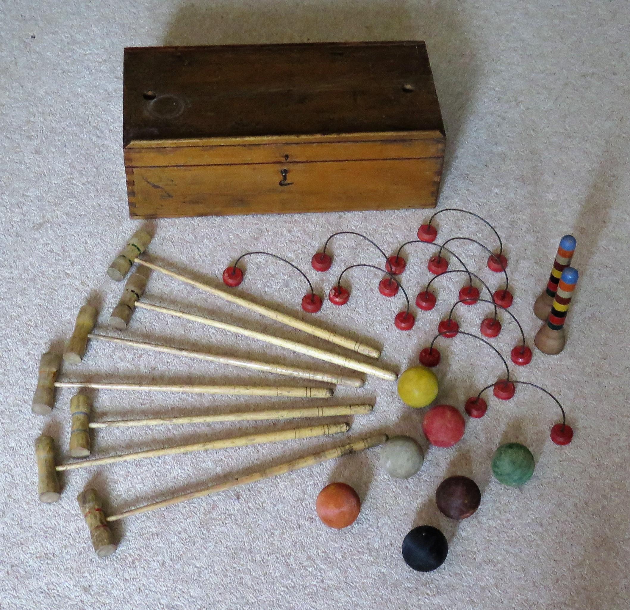 Folk Art Indoor Croquet Set Game for 7 Players in Jointed Wood Box, Early 20th Century For Sale