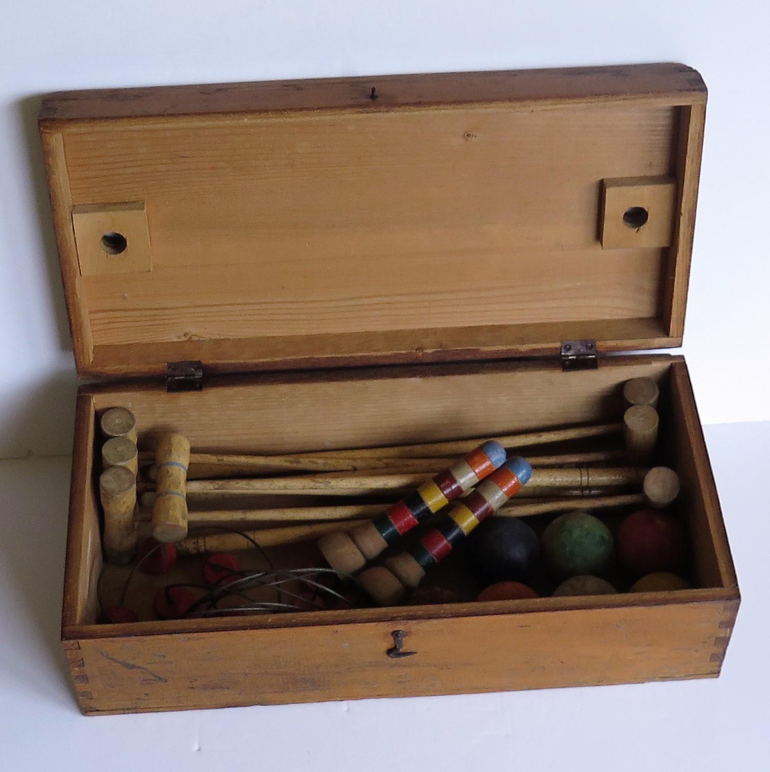English Indoor Croquet Set Game for 7 Players in Jointed Wood Box, Early 20th Century For Sale