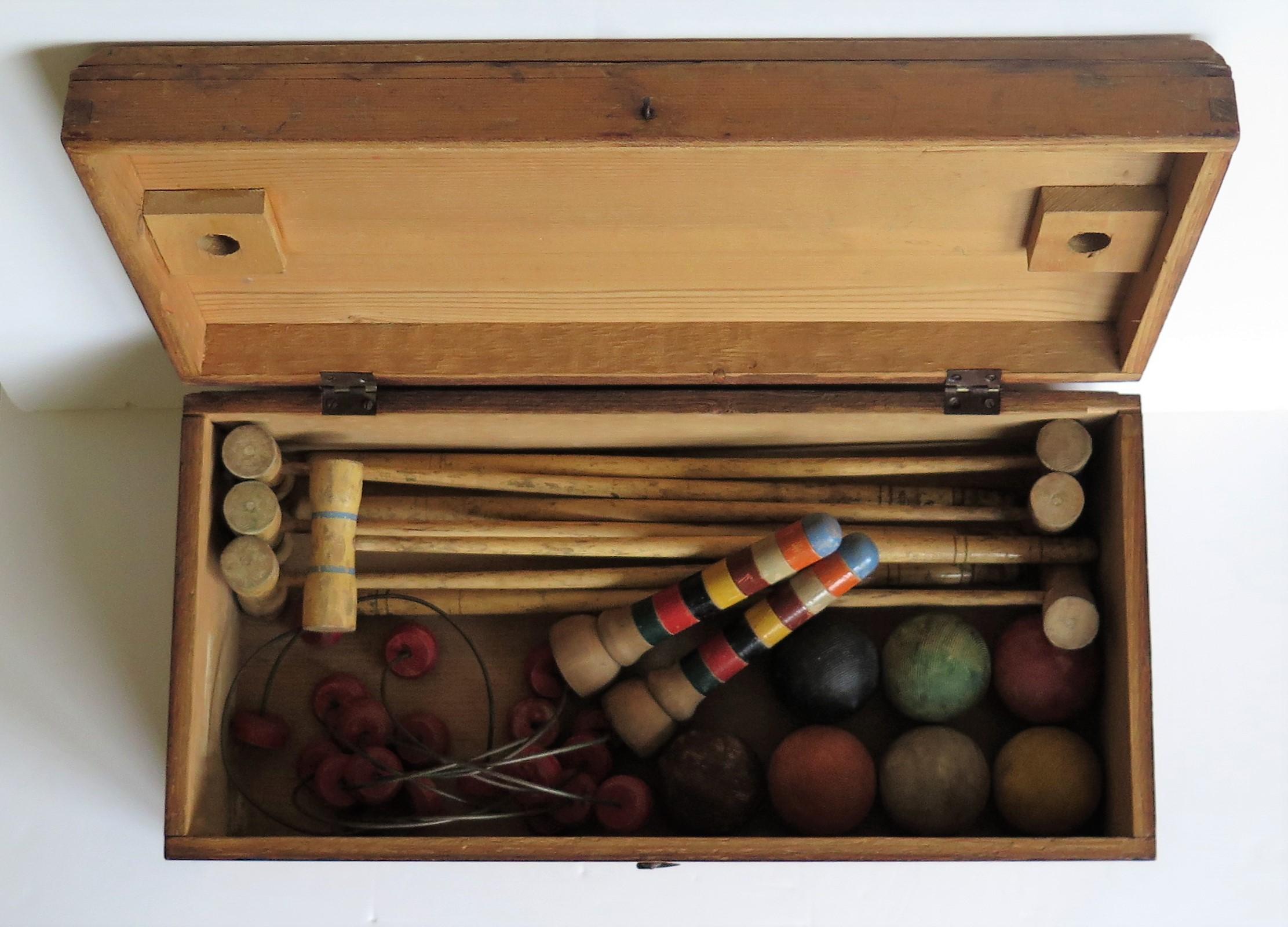 Hand-Crafted Indoor Croquet Set Game for 7 Players in Jointed Wood Box, Early 20th Century For Sale