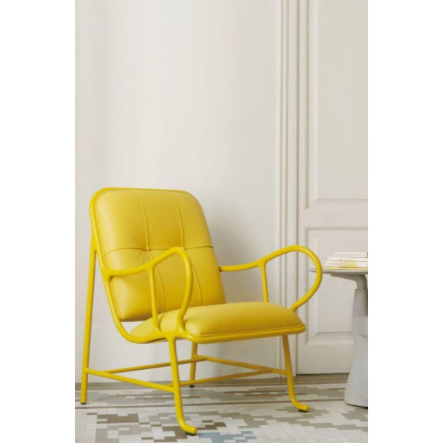 Indoor Gardenia Yello armchair by Jaime Hayon 
Dimensions: D 89 x W 70 x H 100 cm 
Materials: structure in cast aluminum and laminates in extruded aluminum. Powder coating in Alesta Anodic Black or in high-gloss yellow (RAL 1005). Monochrome