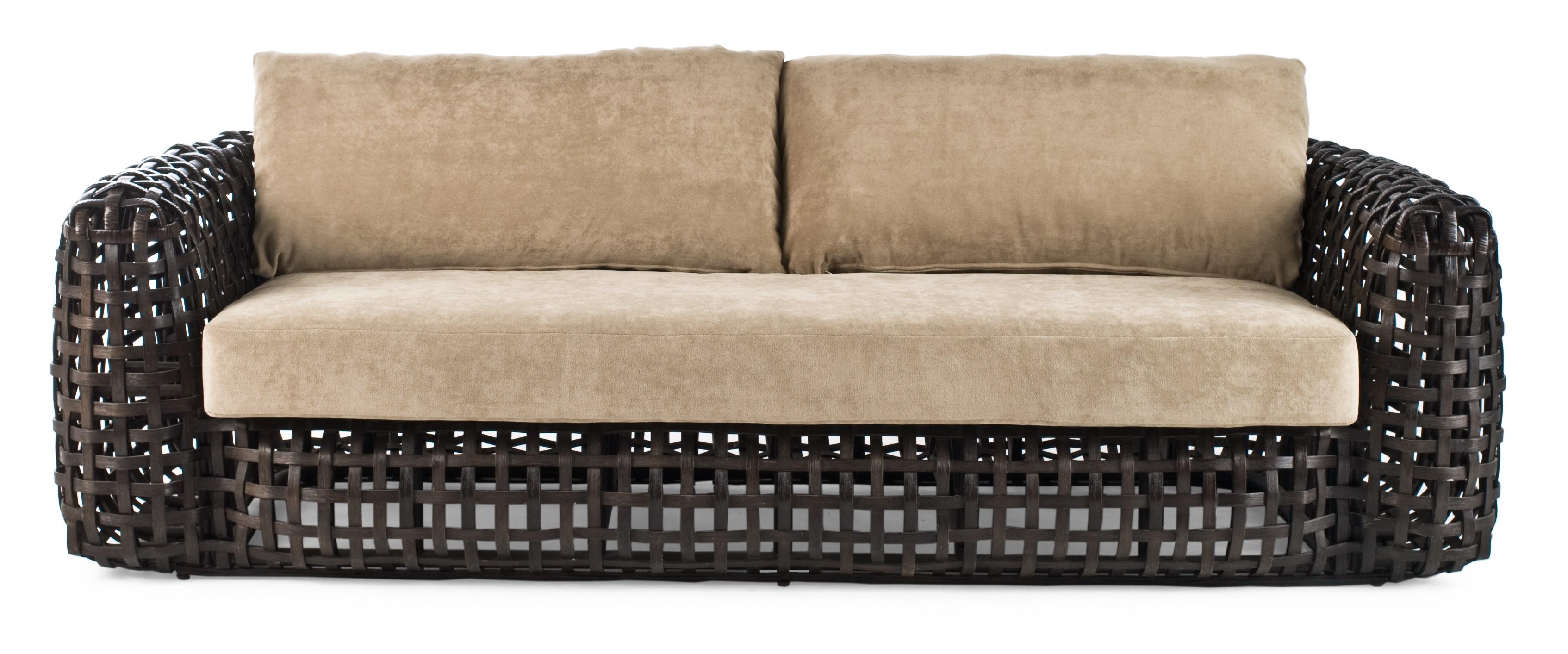 Indoor matilda sofa by Kenneth Cobonpue.
Materials: Rattan.
Also available in other colors and for outdoors.
Dimensions: 100cm x 230 cm x H 63cm.

The same principle of a woven basket is used in making Matilda. This vast collection of tables,
