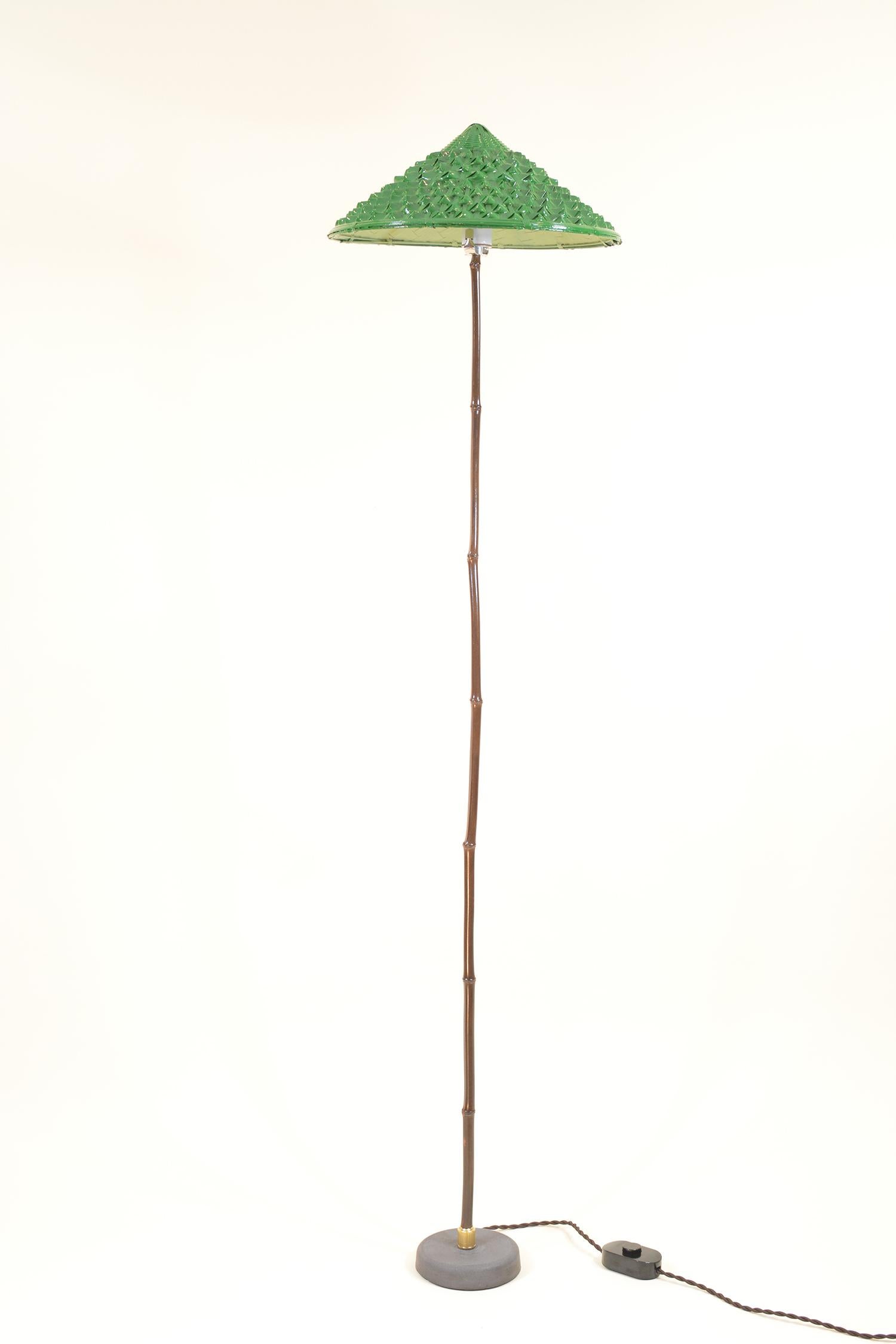 Indoor/Outdoor Black Bamboo Floor Lamp with Hand-Painted Woven-Grass Shade For Sale 3