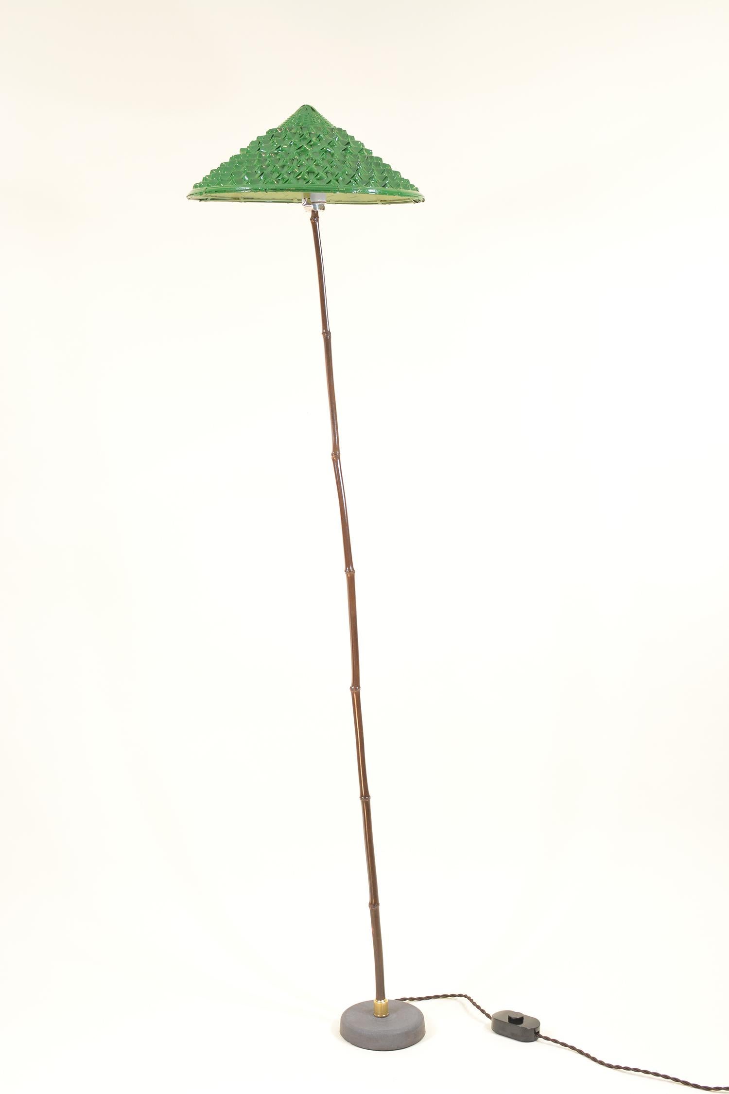 Indoor/Outdoor Black Bamboo Floor Lamp with Hand-Painted Woven-Grass Shade For Sale 4