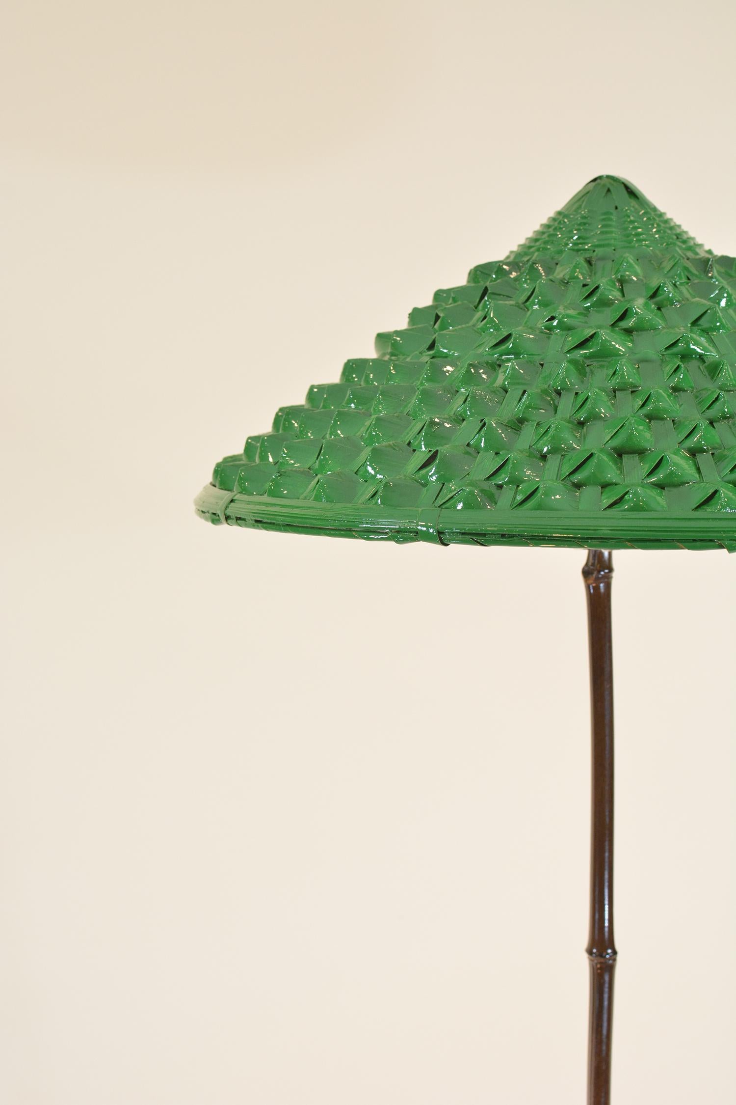 Indoor/Outdoor Black Bamboo Floor Lamp with Hand-Painted Woven-Grass Shade For Sale 5