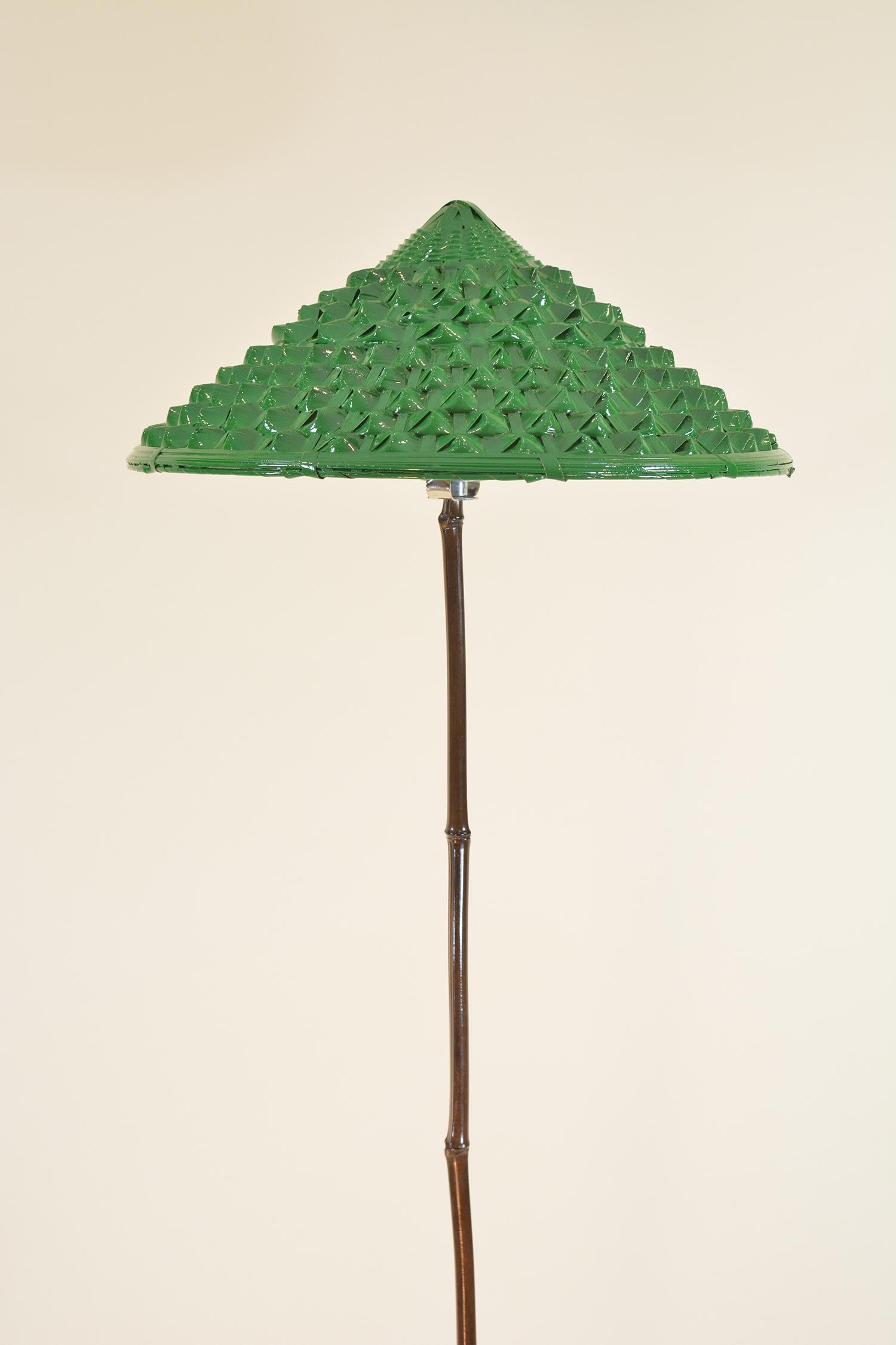 Indoor/Outdoor Black Bamboo Floor Lamp with Hand-Painted Woven-Grass Shade For Sale 6