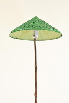 Indoor/Outdoor Black Bamboo Floor Lamp with Hand-Painted Woven-Grass Shade
