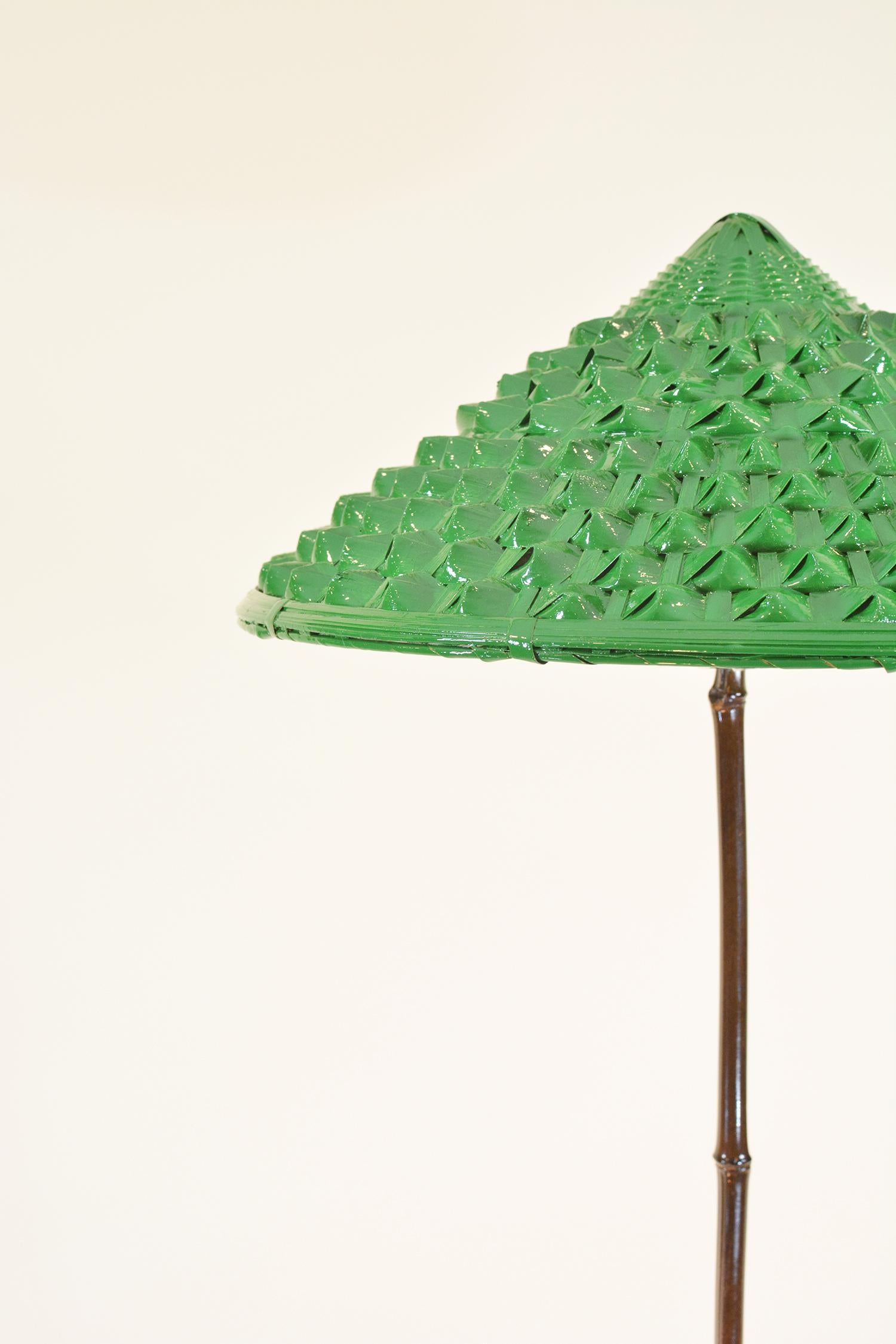 Modern Indoor/Outdoor Black Bamboo Floor Lamp with Hand-Painted Woven-Grass Shade For Sale
