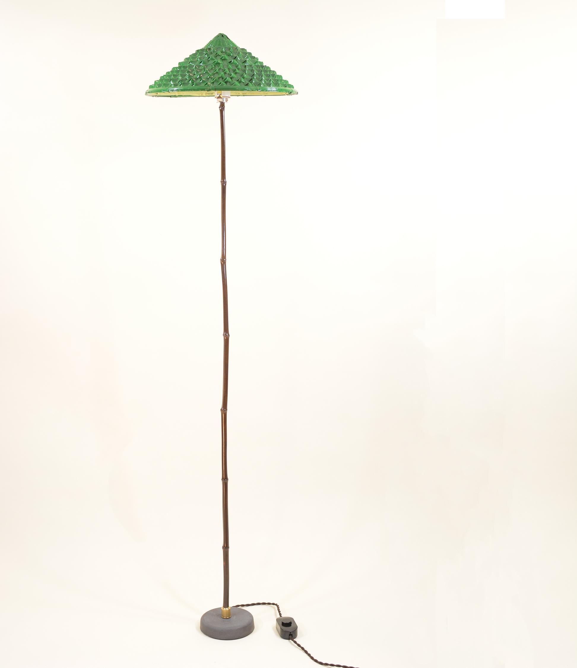 American Indoor/Outdoor Black Bamboo Floor Lamp with Hand-Painted Woven-Grass Shade For Sale
