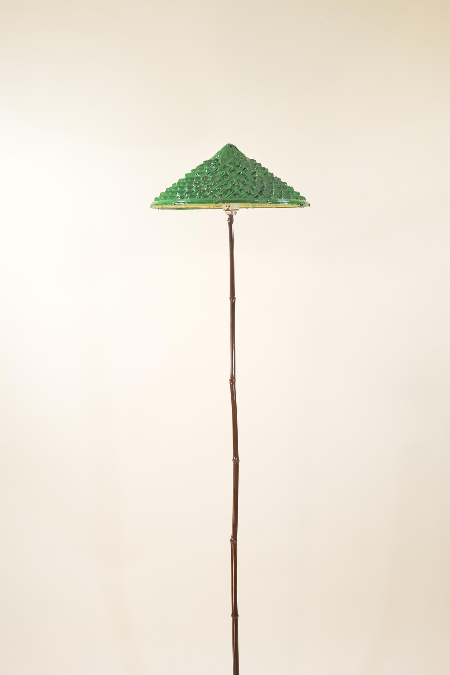 Hand-Crafted Indoor/Outdoor Black Bamboo Floor Lamp with Hand-Painted Woven-Grass Shade For Sale
