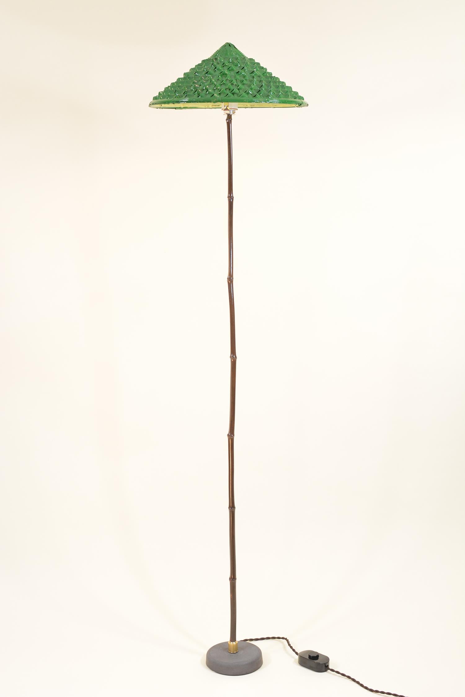 Indoor/Outdoor Black Bamboo Floor Lamp with Hand-Painted Woven-Grass Shade In New Condition For Sale In Brooklyn, NY