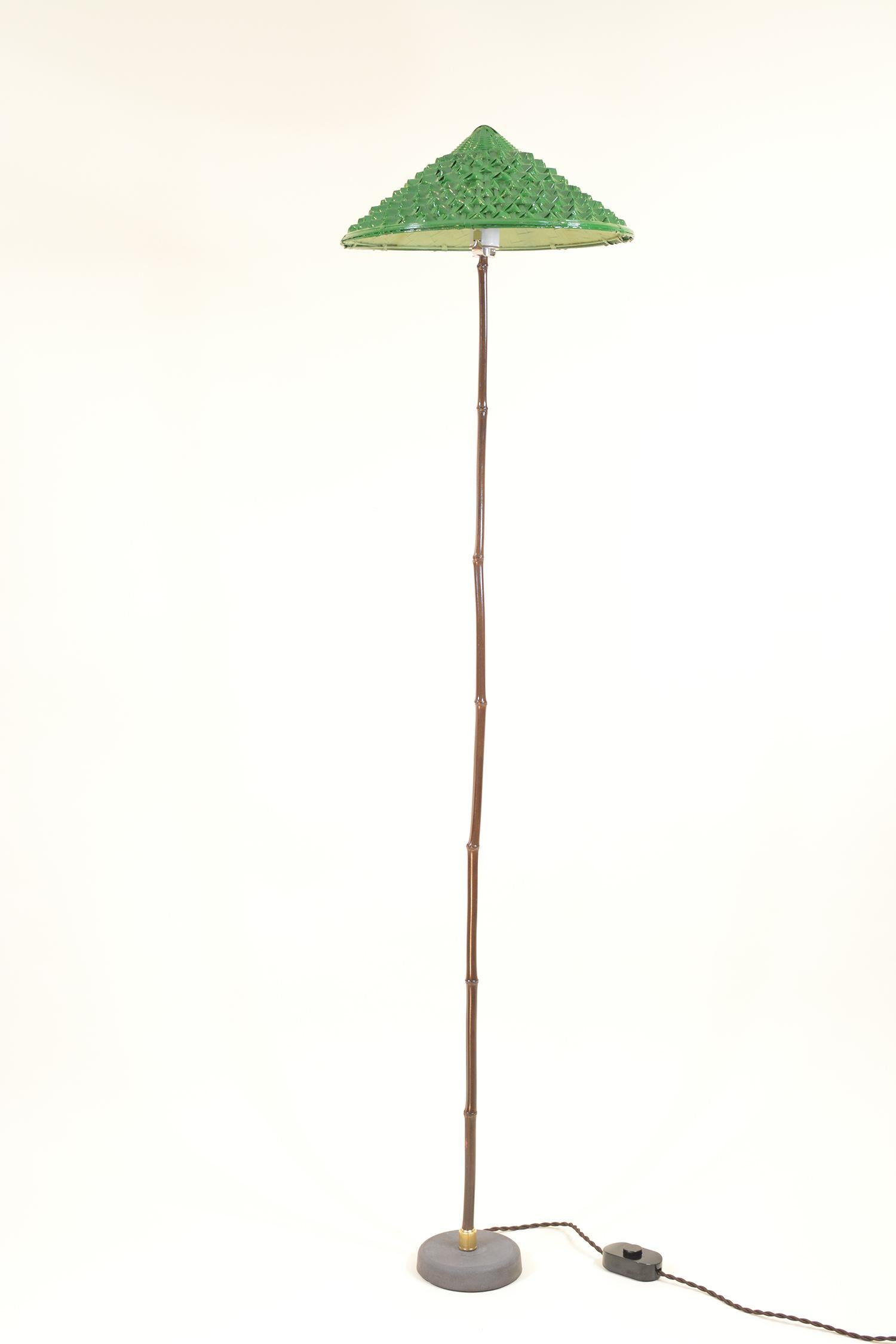 Contemporary Indoor/Outdoor Black Bamboo Floor Lamp with Hand-Painted Woven-Grass Shade For Sale