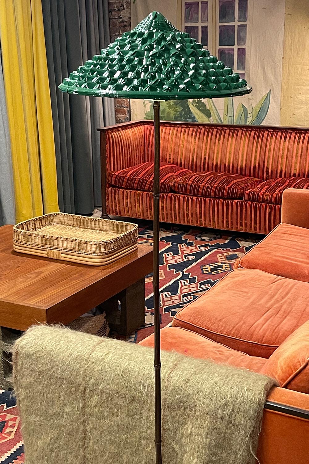 Brass Indoor/Outdoor Black Bamboo Floor Lamp with Hand-Painted Woven-Grass Shade For Sale