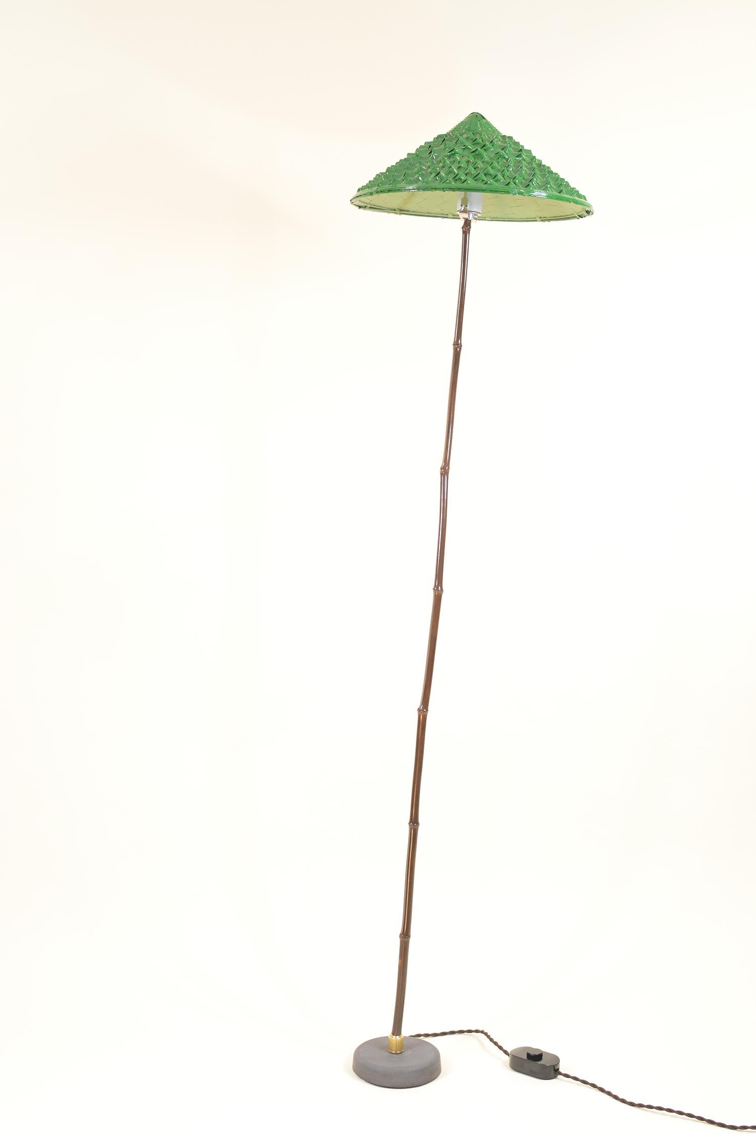 Indoor/Outdoor Black Bamboo Floor Lamp with Hand-Painted Woven-Grass Shade For Sale 1
