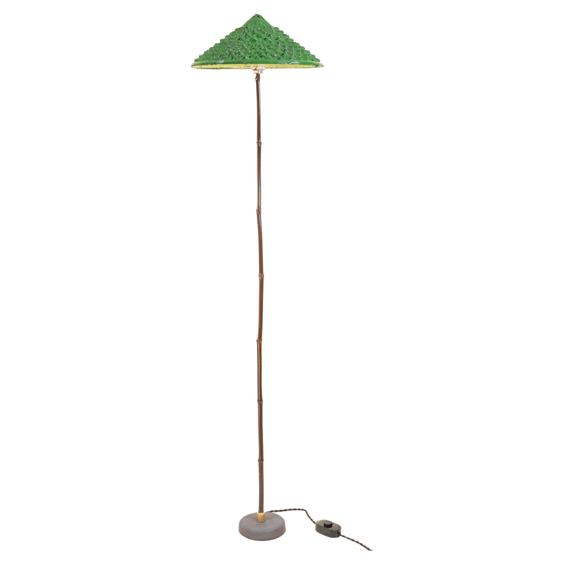 Indoor/Outdoor Black Bamboo Floor Lamp with Hand-Painted Woven-Grass Shade For Sale