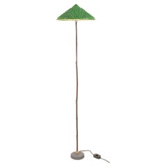Indoor/Outdoor Black Bamboo Floor Lamp with Hand-Painted Woven-Grass Shade