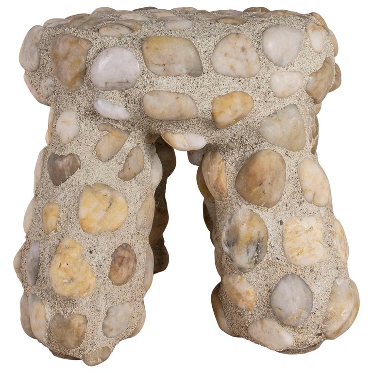 Indoor-Outdoor Modern River Rock Masonry Tuffet Stool by Lland For Sale