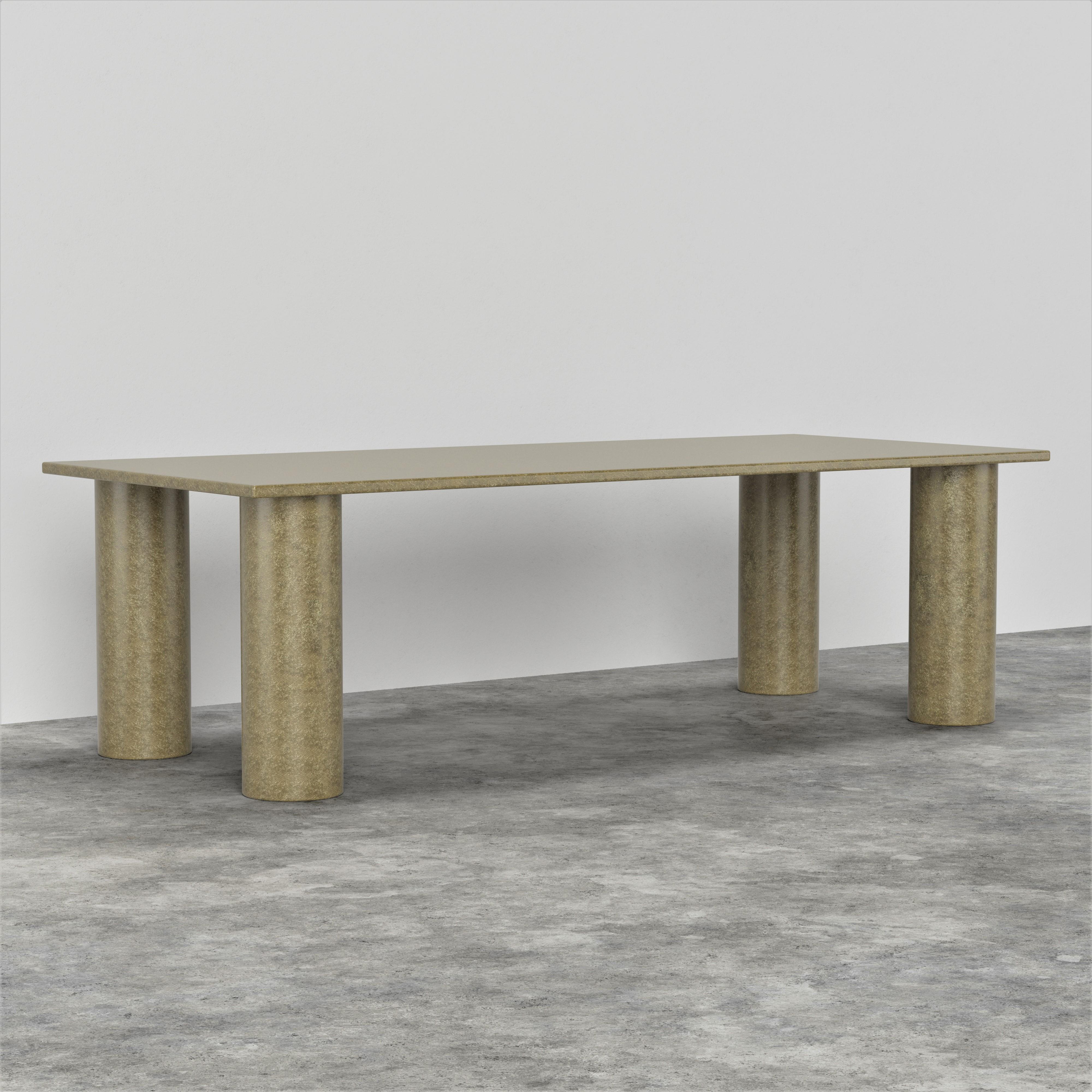 The table is manufactured of continuous and aligned glass fiber-reinforced resin composite, a highly resistant and durable material. 
Meticulously handmade by skilled artisans one piece at a time.
The table emphasize the beauty of brutalism with