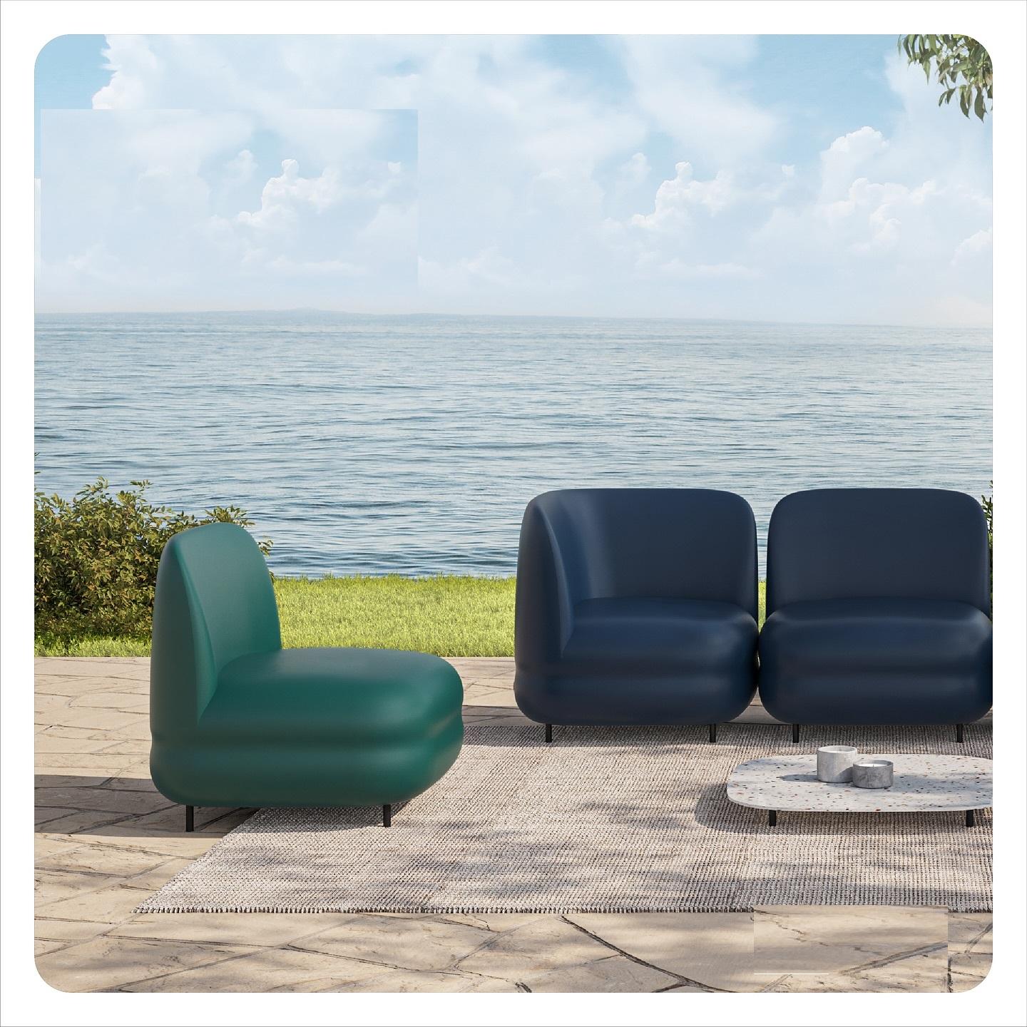 Indoor/Outdoor Set aus zwei Sesseln mit Ottomane aus Flexyskin im Angebot 5