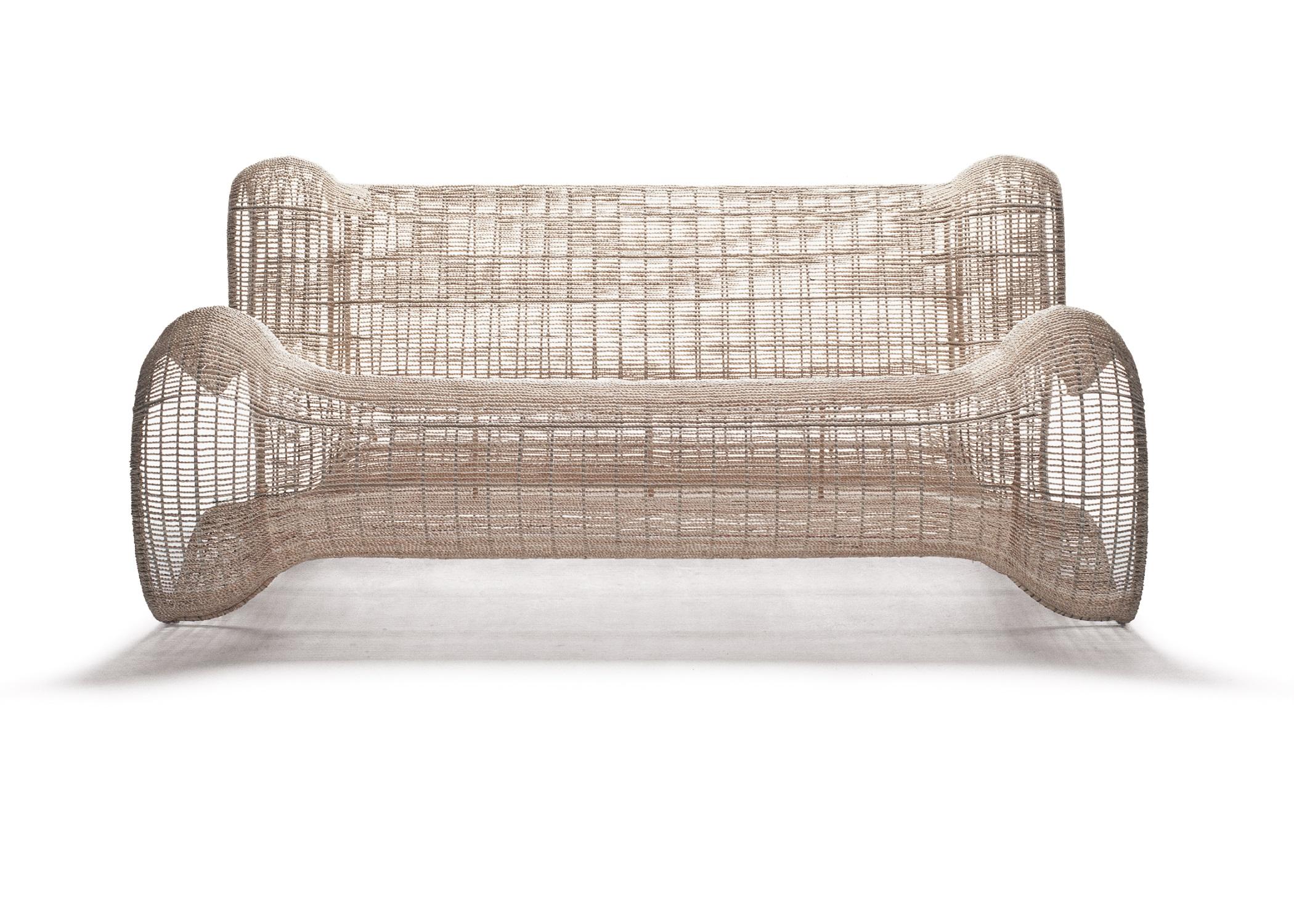Indoor Pigalle loveseat by Kenneth Cobonpue.
Materials: Abaca, nylon, steel. 
Also available in other colors and for outdoors. Prices for upholstery and fabric upon request.
Dimensions: 100 cm x 158 cm x H 77.5 cm 

Experience the sculptural