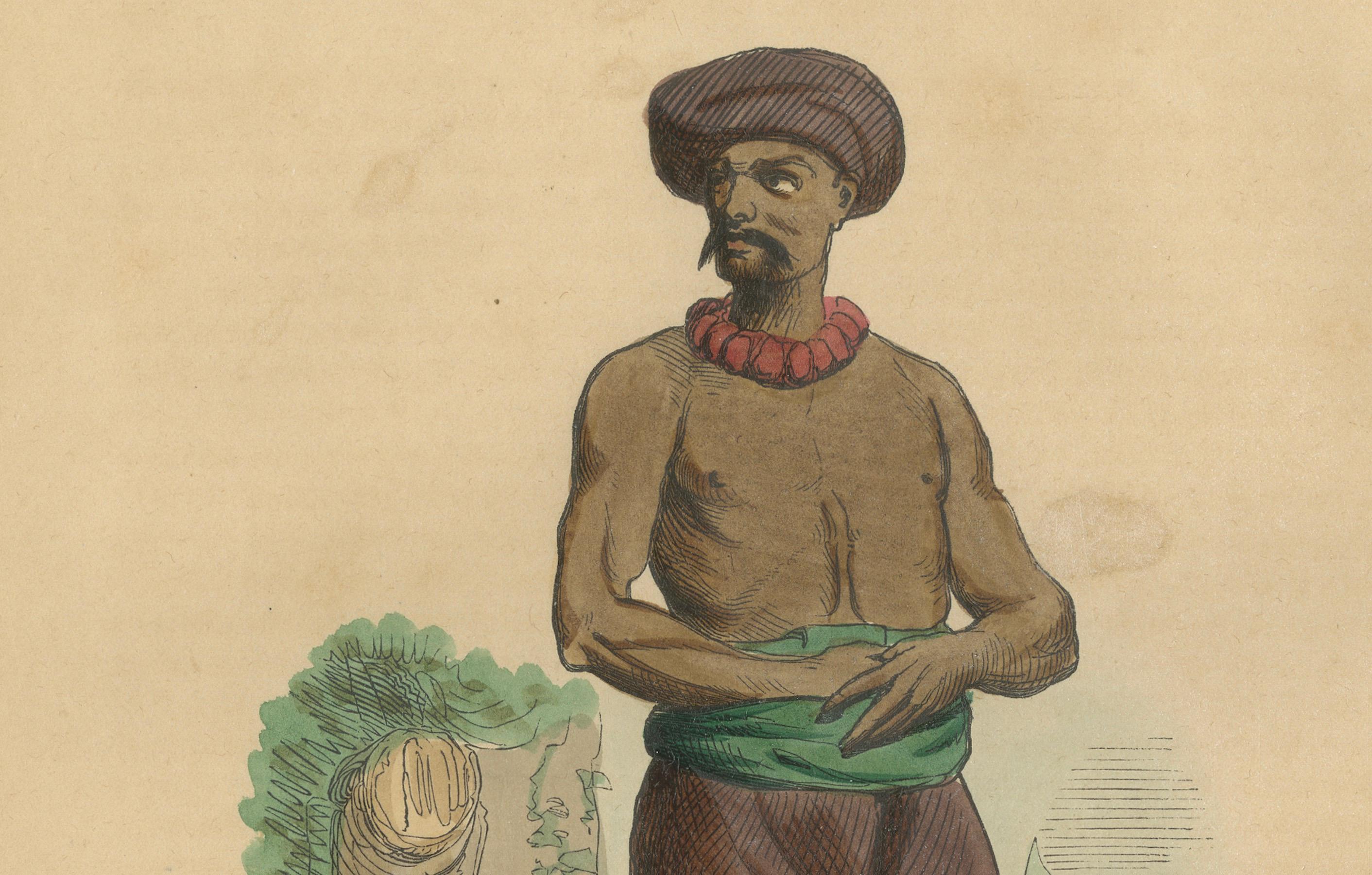 Robe traditionnelle indostanienne représentée dans la lithographie de Wahlen du 19e siècle Bon état - En vente à Langweer, NL