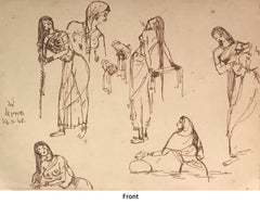 Bath, Woman bathing, Houses, Ink on paper by Modern Indian Artist "In Stock"