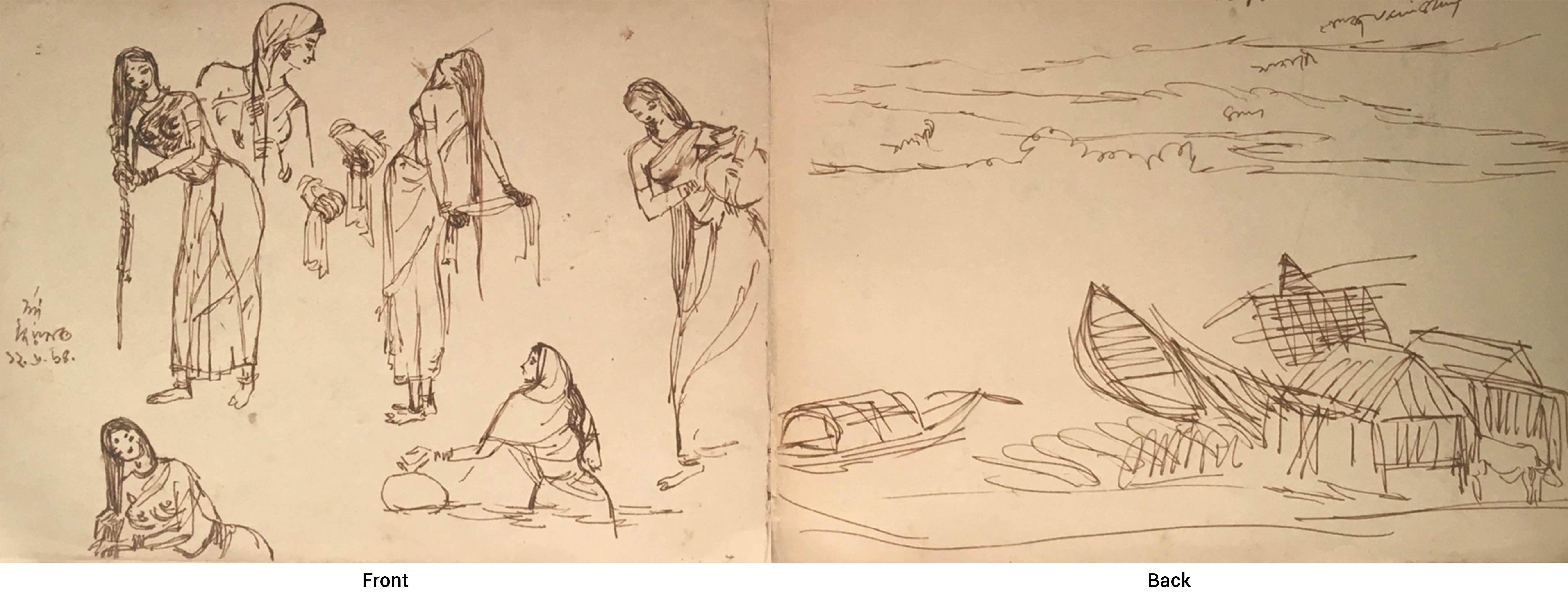 Bague, femme se baignant, maisons, encre sur papier de l'artiste indien moderne « en stock »