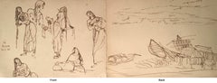 Vintage Bath, Woman bathing, Houses, Ink on paper by Modern Indian Artist "In Stock"