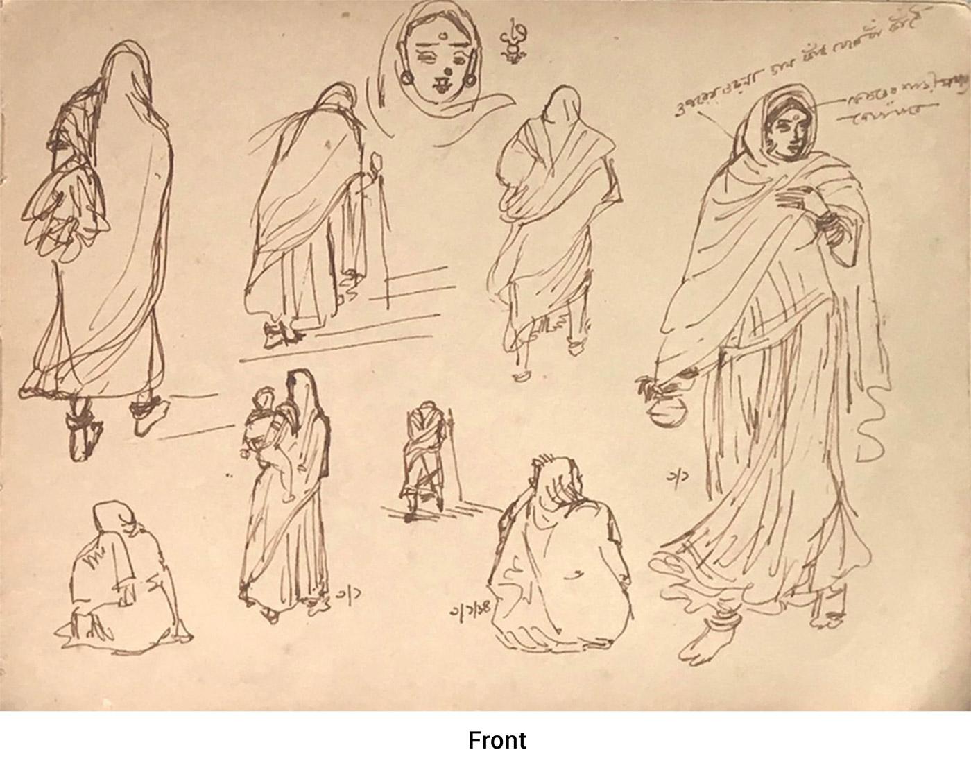 Indian Mother-Child, Women going to worship, Drawing by Indian Artist 