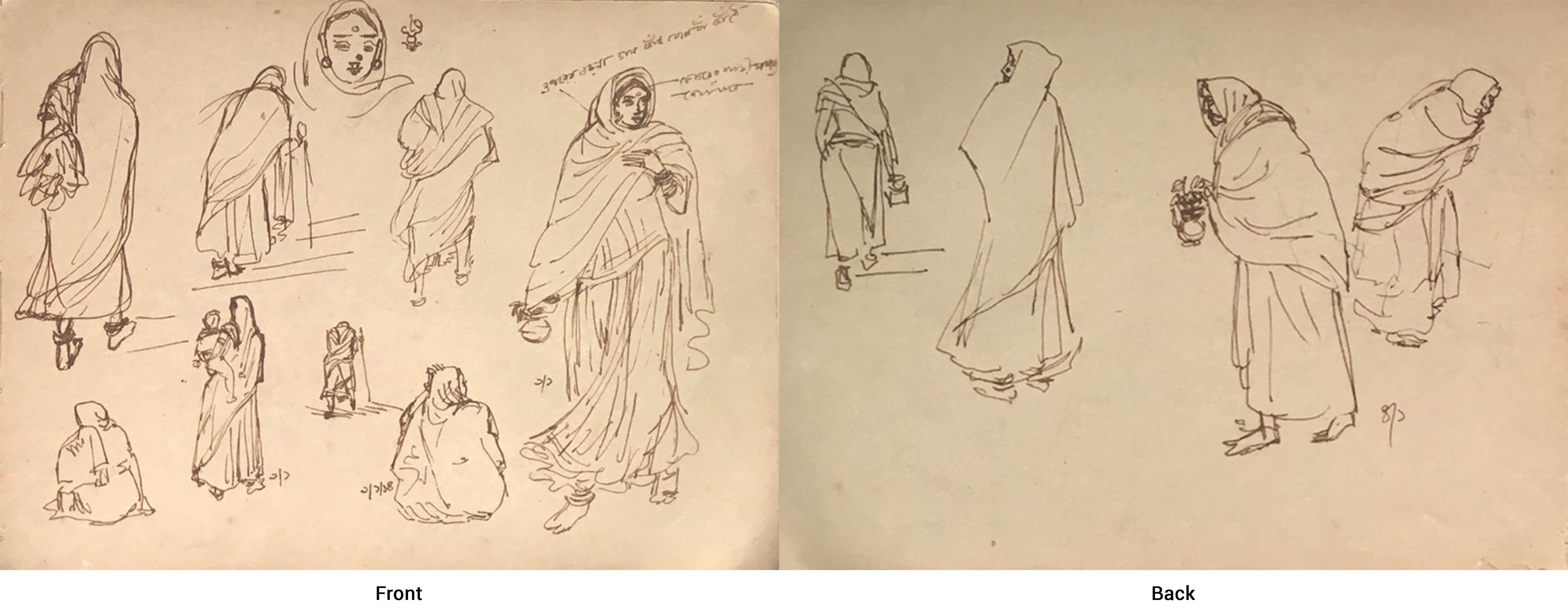 Madre-bambina indiana, donne che si recano al culto, disegno di un artista indiano "In magazzino".