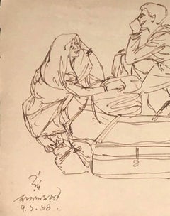 Indian Rural Scene, Travelers, Luggage, Ink on Paper by Modern Artist "In Stock"