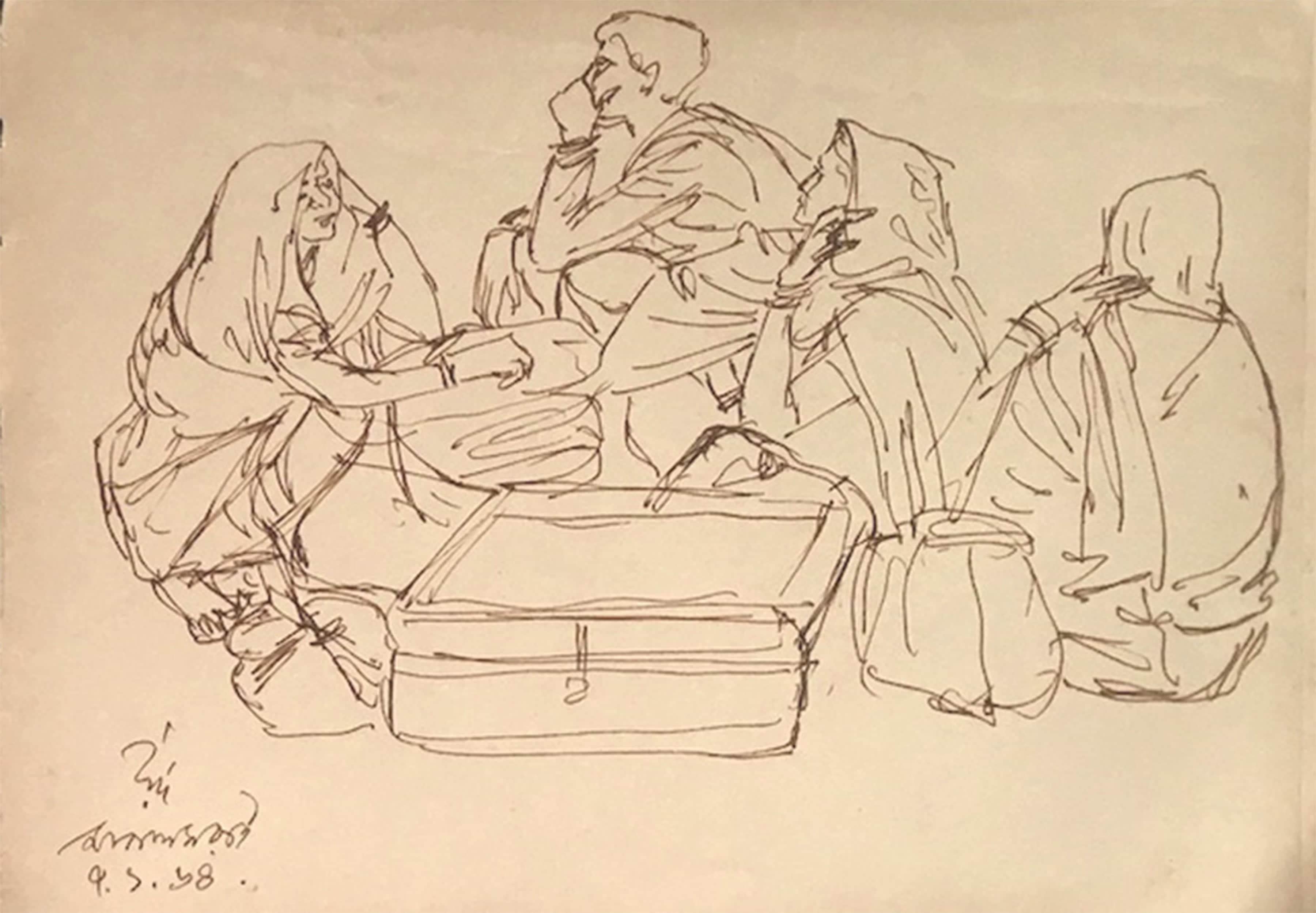 Scène rurale indienne, voyageurs, bagages, encre sur papier de l'artiste moderne « En stock »