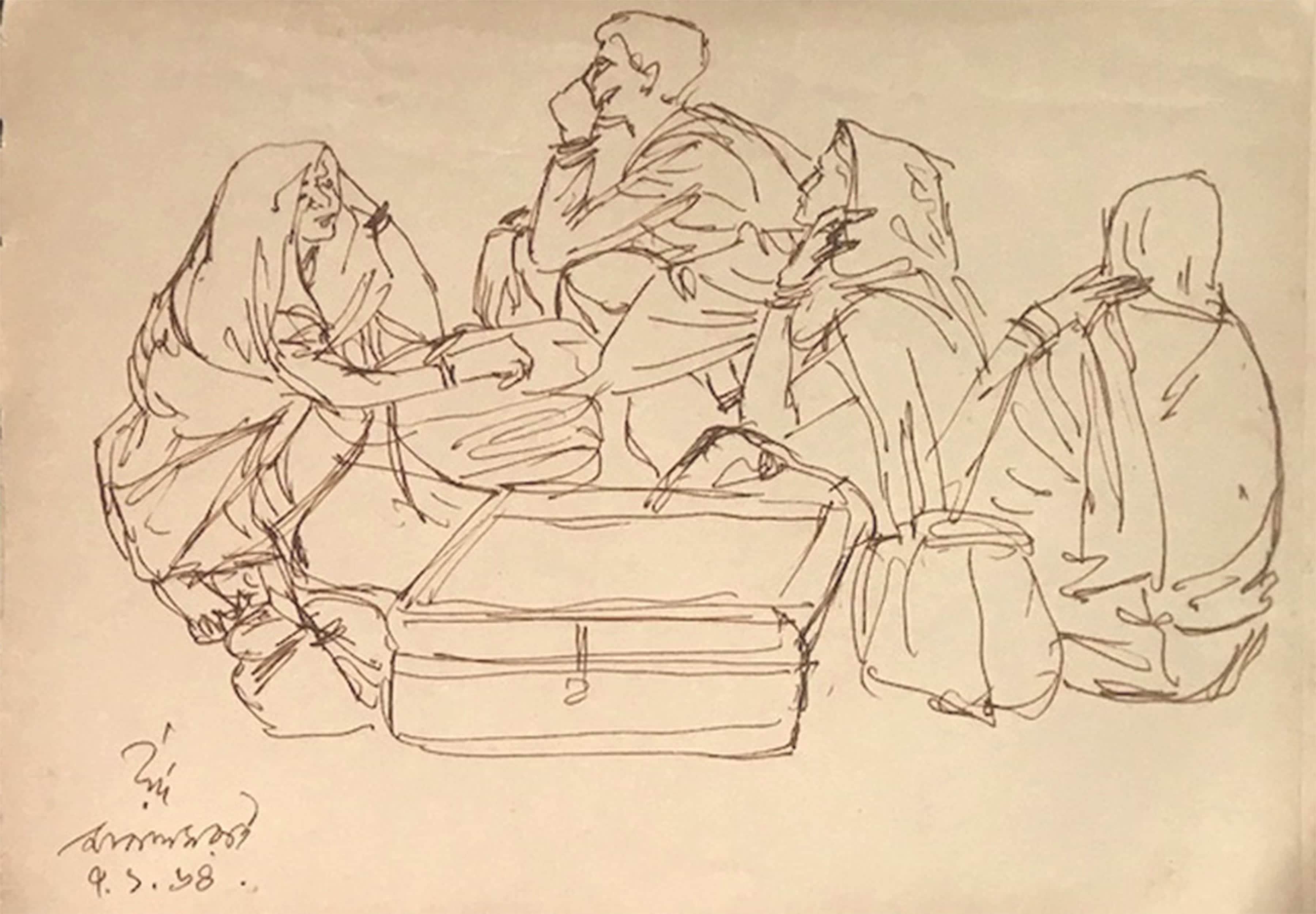 Scena rurale indiana, viaggiatori, bagagli, Inchiostro su carta di un artista moderno "In magazzino"