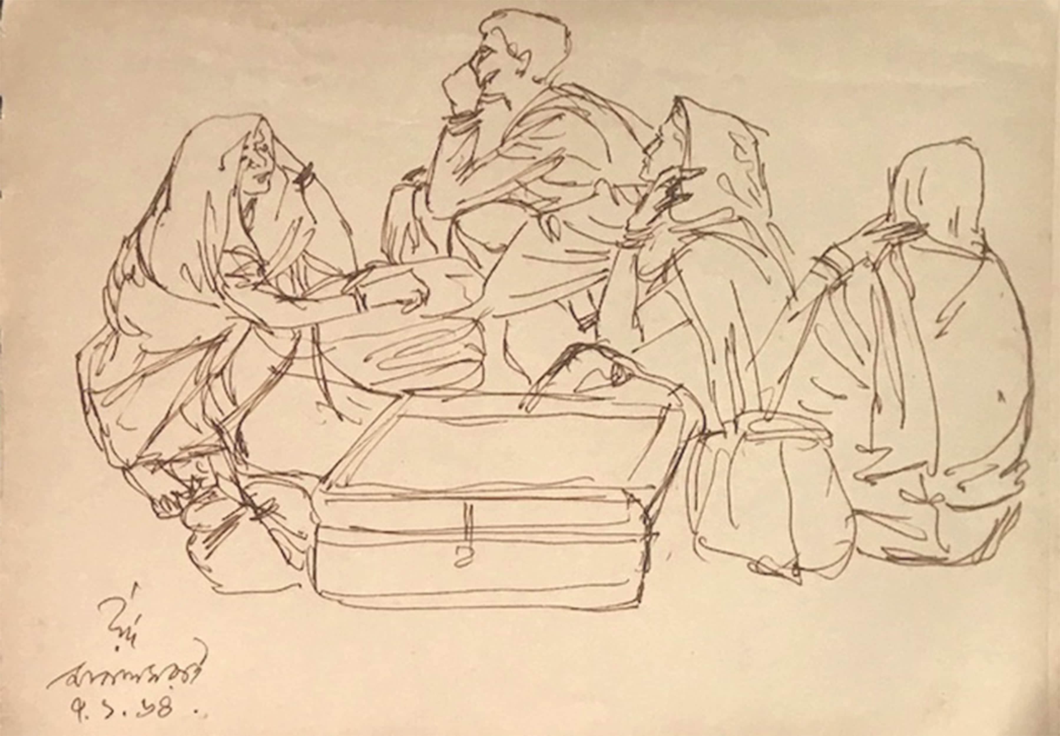 Figurative Painting Indra Dugar - Scène rurale indienne, voyageurs, bagages, encre sur papier de l'artiste moderne « En stock »