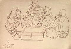 Scène rurale indienne, voyageurs, bagages, encre sur papier de l'artiste moderne « En stock »