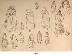 Donne indiane nel loro habitat, musicista con sitar, inchiostro, maestro d'arte "In Stock"