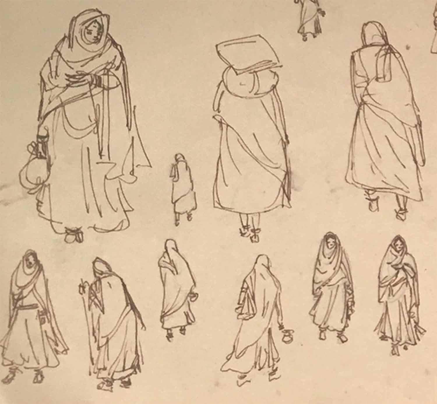 Indische Frauen in ihrem Gewächshaus, Musikerin auf Sitar, Tusche, Meisterkünstlerin „“ auf Lager (Beige), Figurative Painting, von Indra Dugar