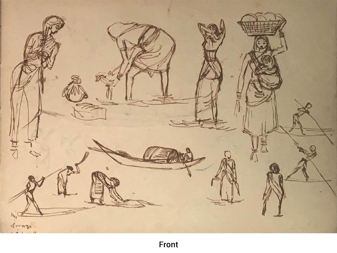 Rare work of Indian Women, River, Boat, Ink on Paper by Modern Artist 
