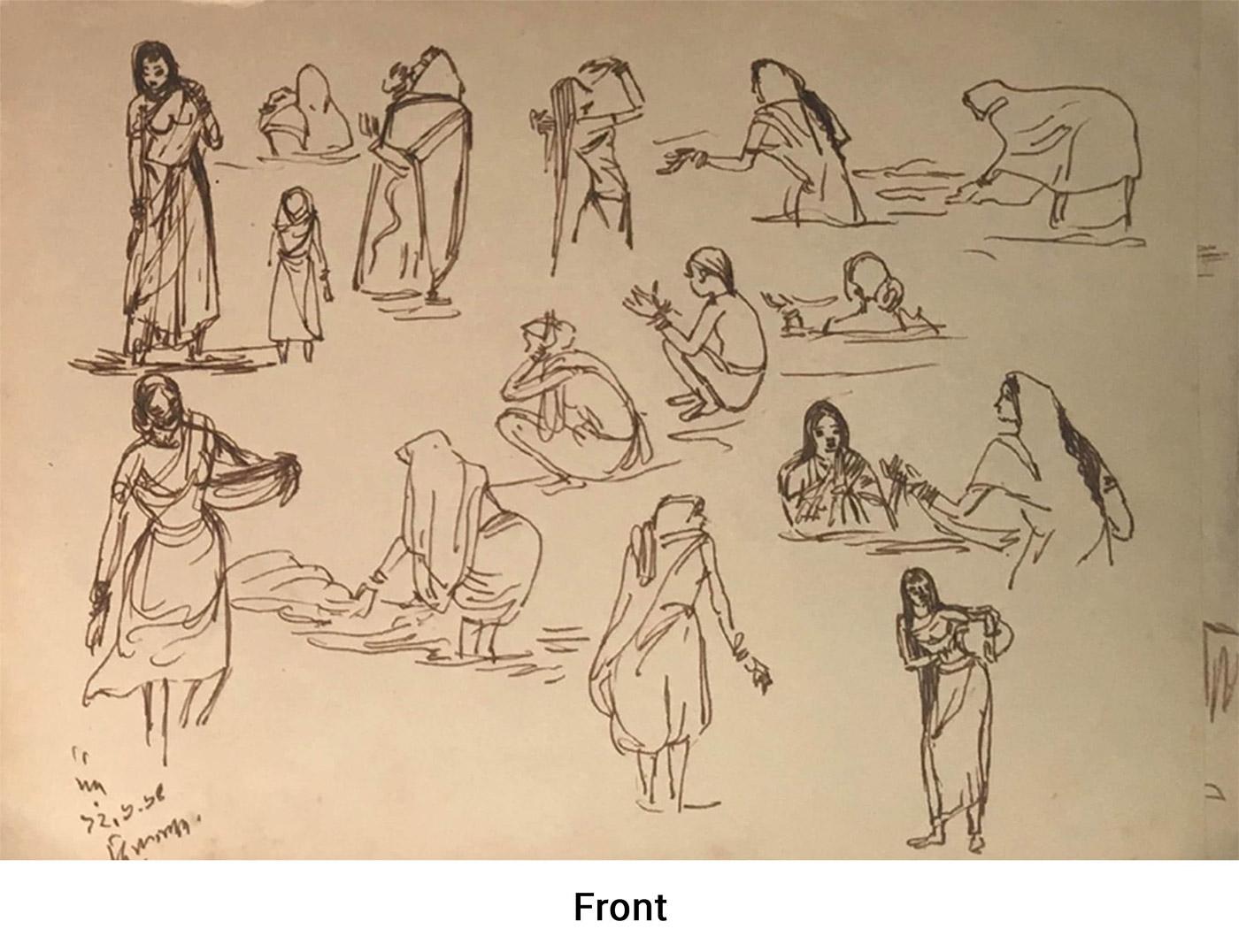 Riverside, Bagno, Barche, Inchiostro su carta, Recto e Verso di Artista moderno 