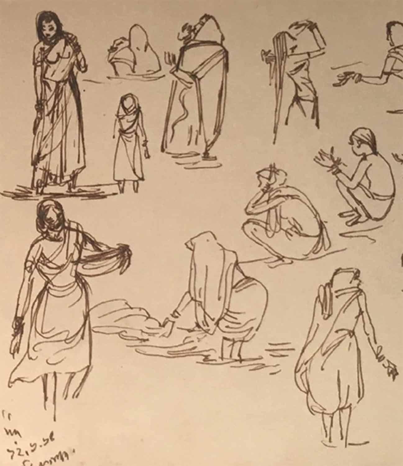 Riverside, Bagno, Barche, Inchiostro su carta, Recto e Verso di Artista moderno 