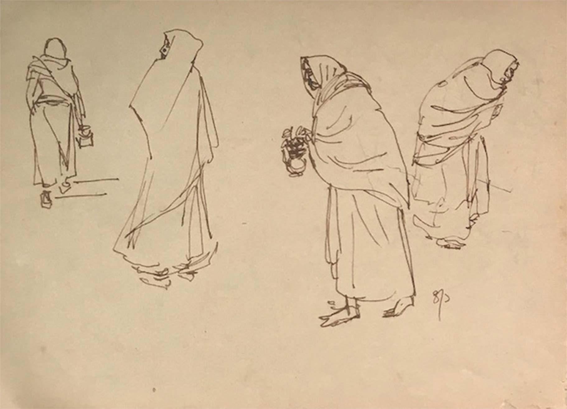 Zeichnungen, figürlich, Tusche auf Papier, zweiseitiges Werk von Indra Dugar, „In Stock“ im Angebot 12