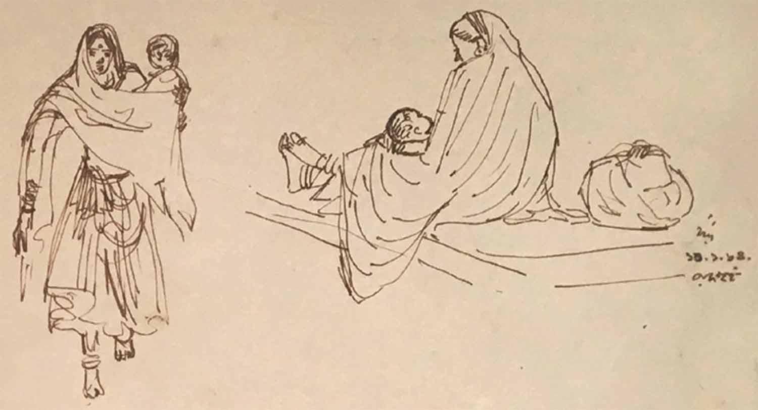 Traveling, Mother and Child, Ink on Paper, by Indian Modern Artist 